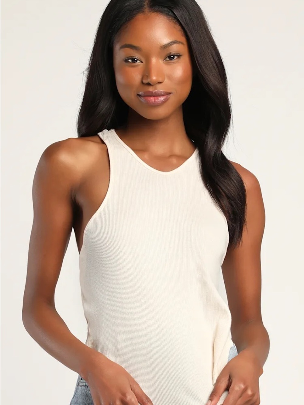 Free People Cream Ribbed High-Neck Tank
